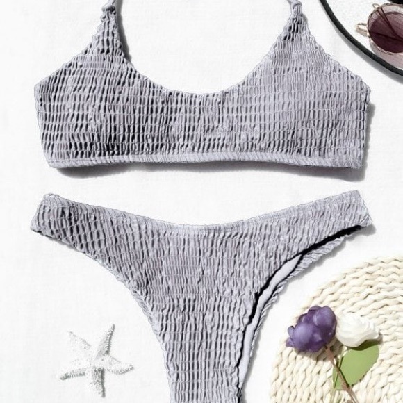 Zaful Other - Gray Padded Smocked Bralette Bikini Set